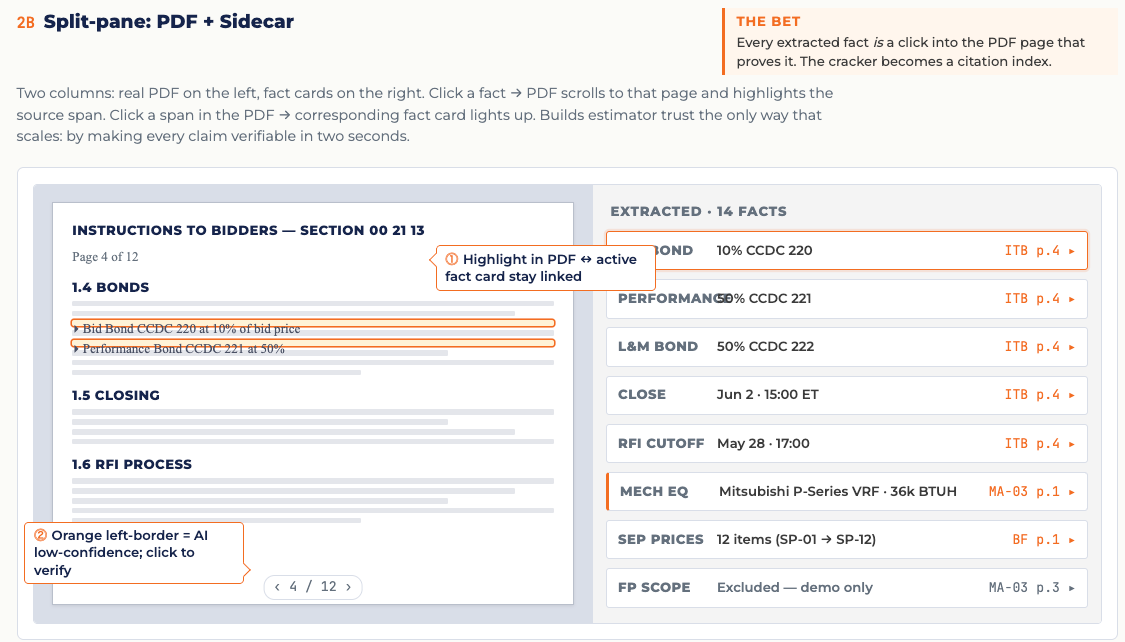 Split-pane PDF and sidecar source truths concept